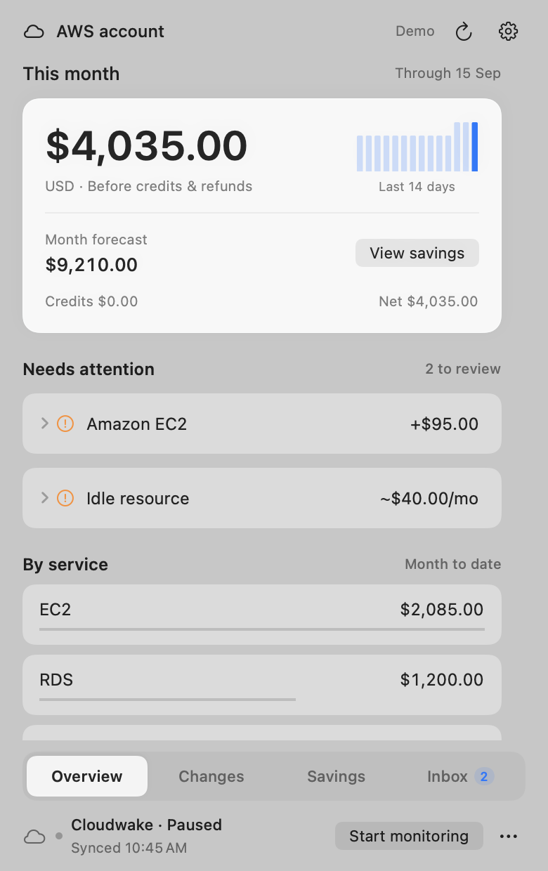 Cloudwake showing month-to-date costs, forecast, daily spend, and costs by AWS service. Illustrative demo data.