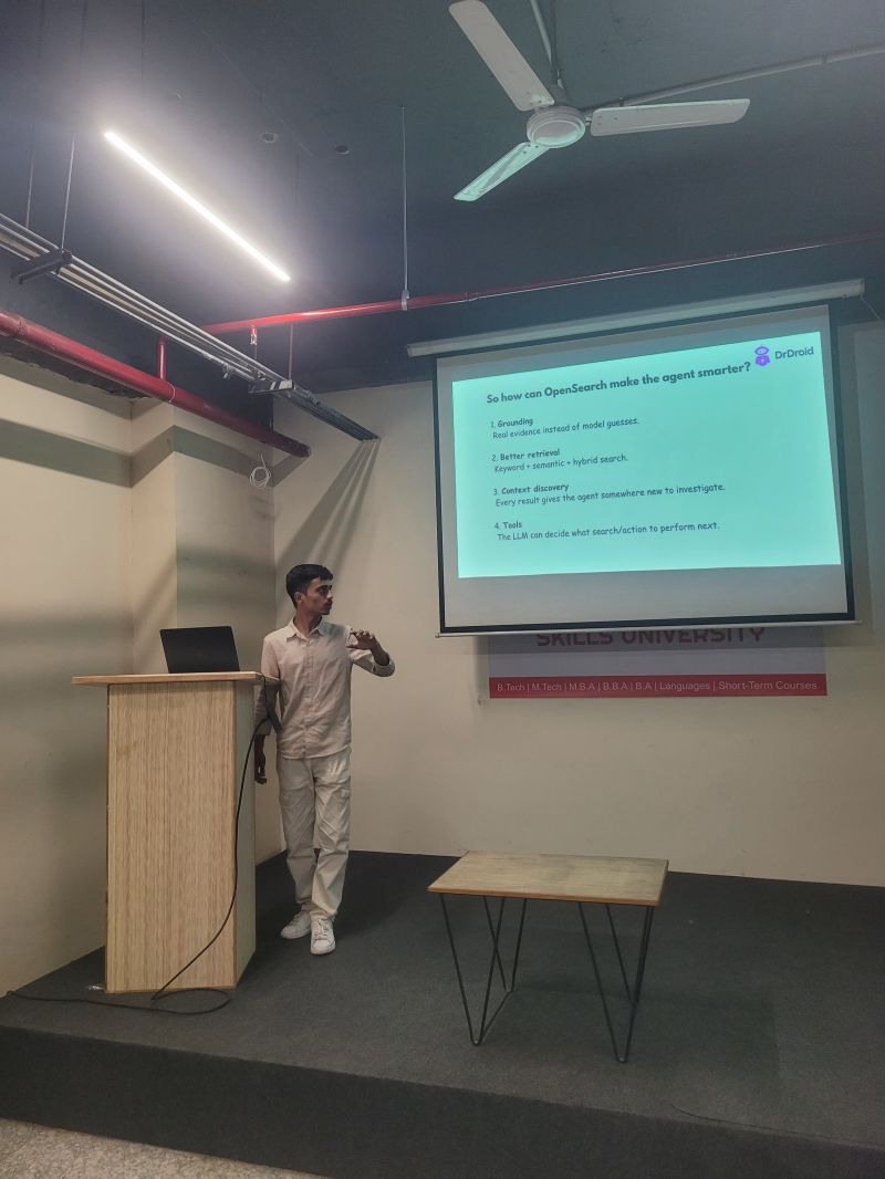Pratik presenting how OpenSearch helps AI agents at the Nagpur meetup